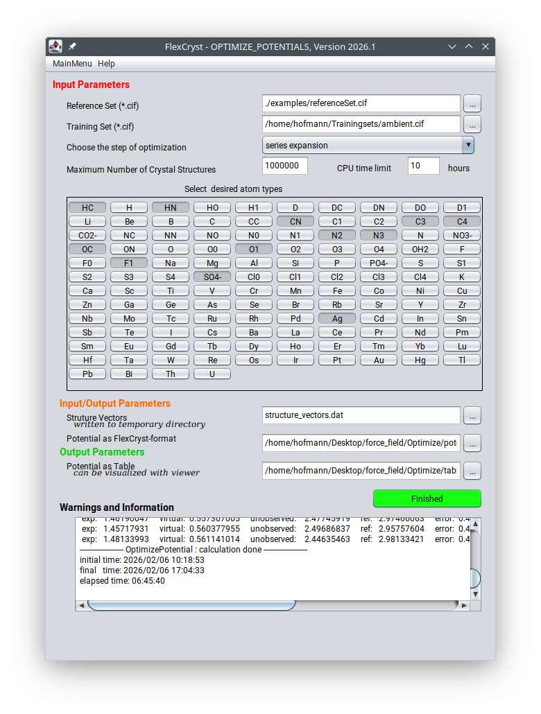 FlexCryst Optimize Potentials GUI